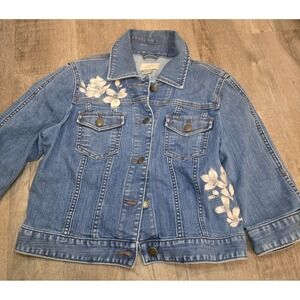 LOFT Women's Jean Embroidered Bird Flowers 3/4 Sleeves  Jacket Size S‎